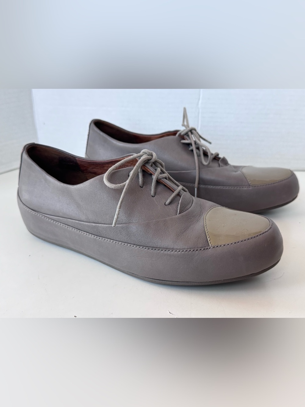 FitFlop Taupe Platform Cap Toe Leather Lace Up Oxford Shoes Women's Size 38.5